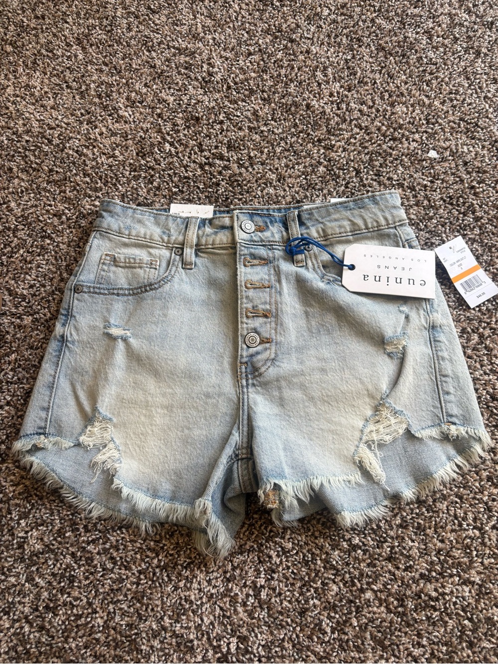 eunina Light Blue Distressed High-Rise Denim Shorts